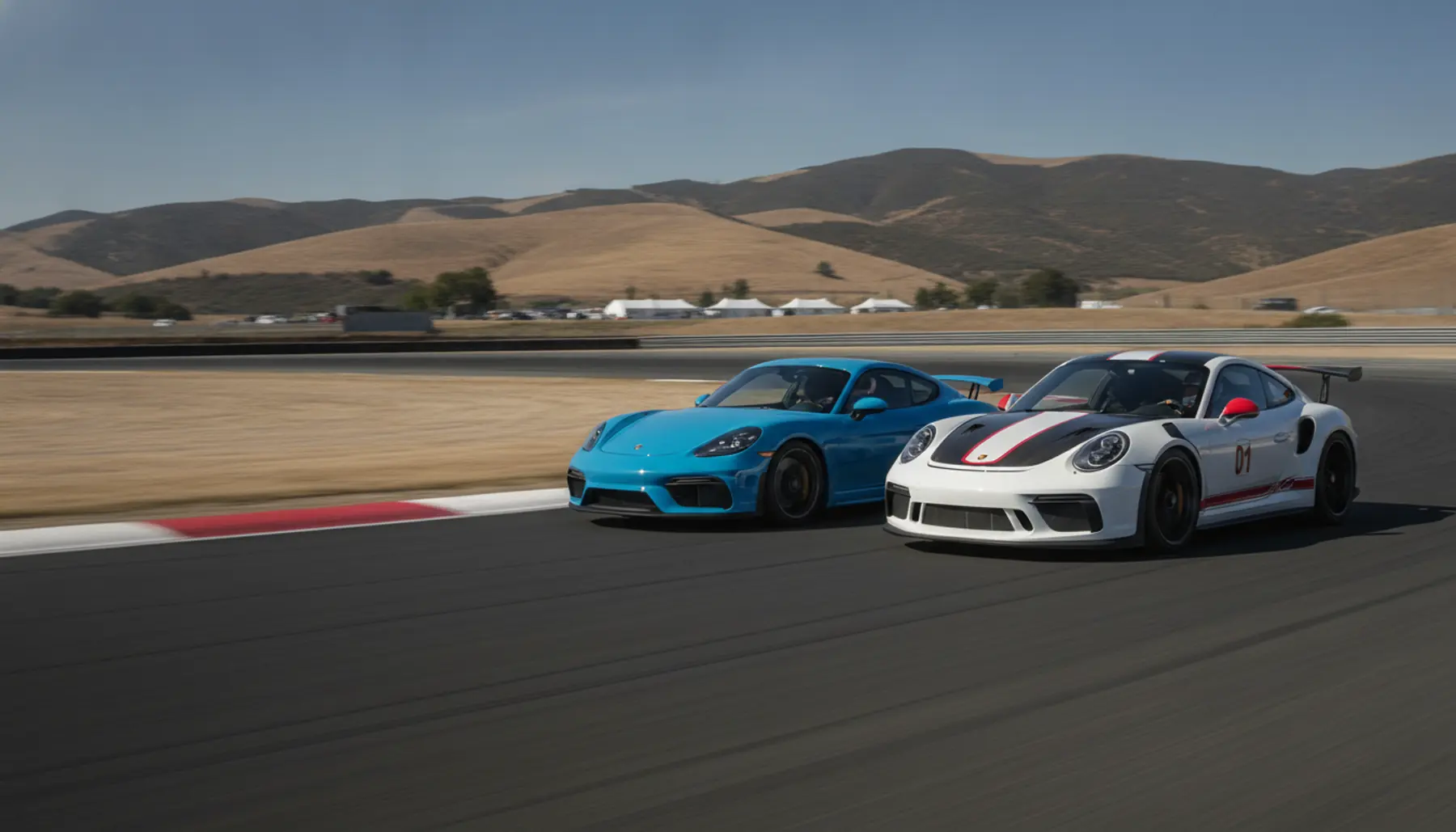 Two race-prepared Porsches on track at a road course